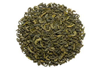 ultra-detailed macro flat lay of premium loose leaf green tea (emerald, jade) in a dense pile, isolated on a transparent background with soft studio lighting, concept of tea tradition and luxury