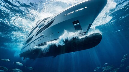 Luxury yacht cruising through clear blue waters with underwater view of fish and sunlight rays