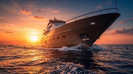 Luxurious yacht cruising through calm ocean waters at sunset with vibrant sky reflections