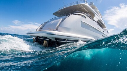 Luxury yacht cruising on clear blue ocean waters with underwater perspective