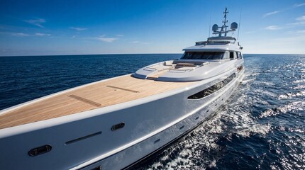 Luxurious white yacht cruising on calm blue ocean under clear sky with wooden deck and sleek design