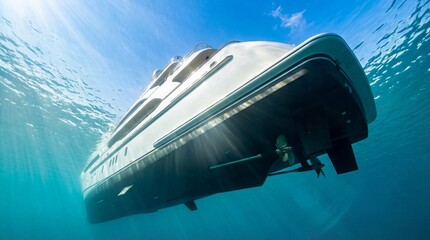 Luxury yacht cruising through clear blue waters with sunlight illuminating the underwater scene