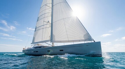 Sleek sailboat cruising on a sunny day with large white sails billowing in the wind