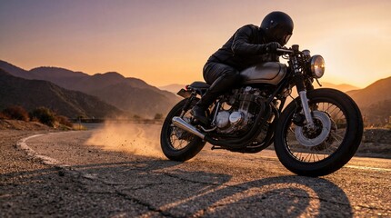Motorcyclist riding a classic bike on a winding mountain road during sunset