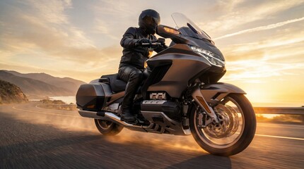 Motorcyclist riding a touring bike on a scenic road during sunset with mountains in the background