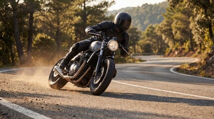 Motorcyclist leaning into a curve on a winding mountain road surrounded by lush greenery
