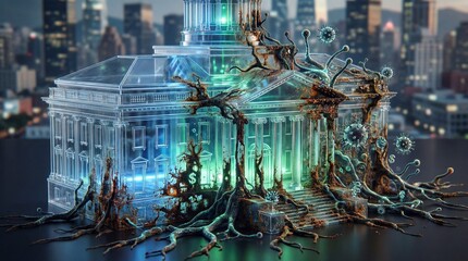 Transparent building with intricate roots and glowing elements in a futuristic cityscape