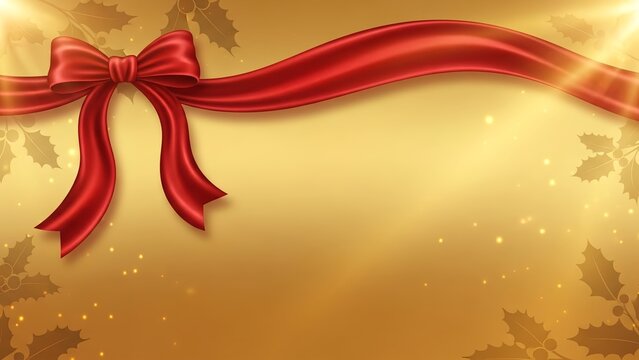 A festive golden background with a red ribbon and holly leaves for christmas season