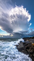 Dramatic mammatus clouds over rocky shore, with crashing waves and vibrant blue sky
