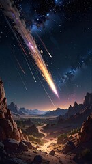 Dramatic meteor shower above a canyon landscape at dusk, stars & galaxy visible