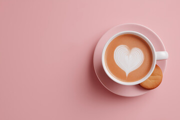 Latte art with heart design beside a cookie, perfect for cafe menus, coffee shop promotions, valentines day campaigns, and social media posts.