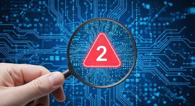Magnifying glass focusing on a red warning sign with the number 2, indicating a critical error or vulnerability in a digital system - Powered by Adobe