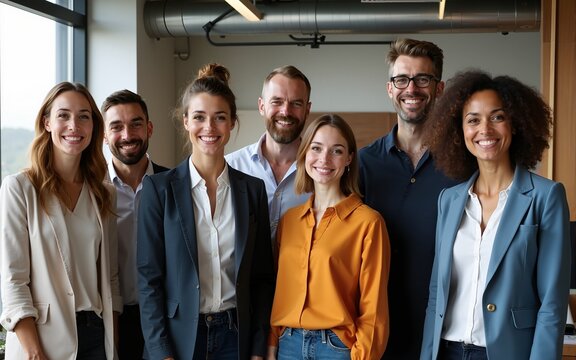 Diverse team of smiling businesspeople standing together in an office. High quality