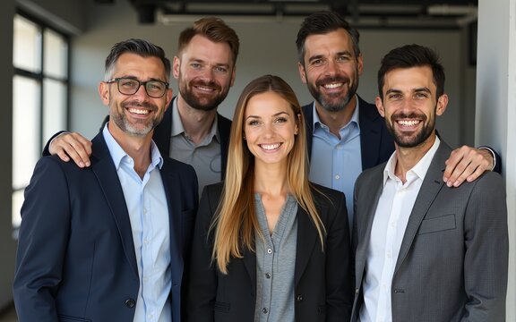 Diverse team of smiling businesspeople standing together in an office. High quality