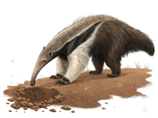 Fototapeta premium Giant anteater foraging for food in wildlife illustration. curious mammal digging into ground with its long snout, natural scene