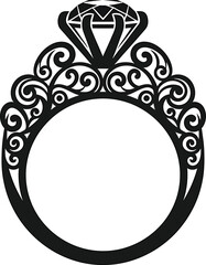 Ornate Christmas Black Silhouette of a Diamond Engagement Ring with Swirls on White jewelry wedding