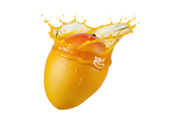 hyper-detailed macro of a wet, ripe ataulfo mango aggressively emerging from a towering, frozen splash of saturated orange juice against a brilliant white background, intense freshness advertising