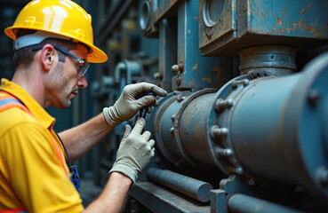 Industrial worker in yellow hard hat, safety glasses, gloves. Man fixes large heavy machine equipment part. Mechanic repairs hydraulic system of drilling rig in factory. Engineer works on industrial