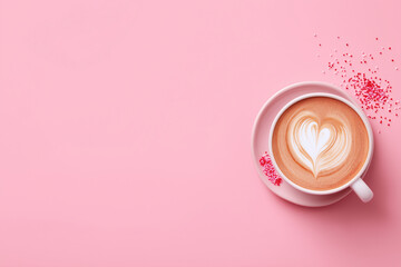 Pink latte with heart art on a saucer suitable for coffee shops, valentines day marketing, love themed concept, romantic designs, social media posts.