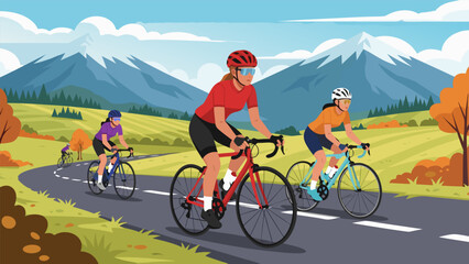 Fototapeta premium Three female athletes on a road bike adventure through a beautiful mountain landscape illustration