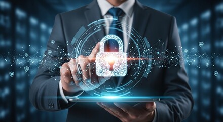 Businessman in suit touching a digital padlock icon on a tablet, symbolizing cybersecurity and data protection in a modern, hightech environment