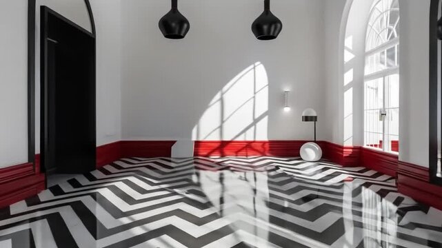 Stylish modern interior with black and white chevron floor, red accent wall, arched windows, and natural light.