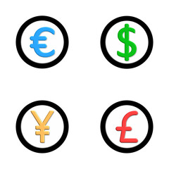 Set of dollar, euro, yen, and pound currency symbols isolated on white background, perfect for global finance, pricing, international payments, money conversion, and economic branding.