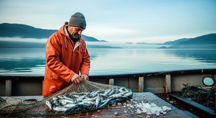 Fisherman in orange jacket sorting fresh fish caught in the ocean