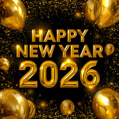 Happy New Year 2026 Gold Foil Balloon Text on Black Background