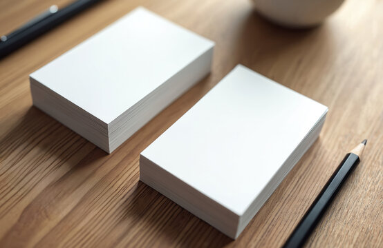 Two stacks of blank white business cards rest on a wooden table surface. A pen and pencil lie nearby. This clean, minimal setup is ideal for graphic design mockups.