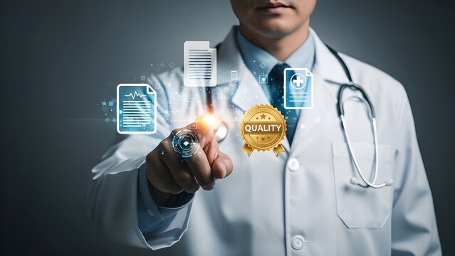 Doctor interacting with digital medical records and data visualization in a modern healthcare setting - Powered by Adobe
