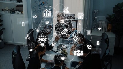 A modern office scene featuring a team engaged in a meeting, complemented by digital technology graphics that illustrate data trends and collaborative strategies. Raster