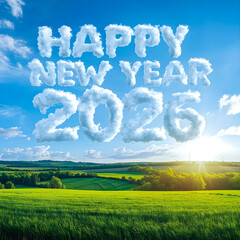 Happy New Year 2026 Message from Clouds Over Green Landscape