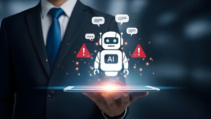 Businessman holding tablet with ai robot assistant and chat bubbles representing artificial intelligence