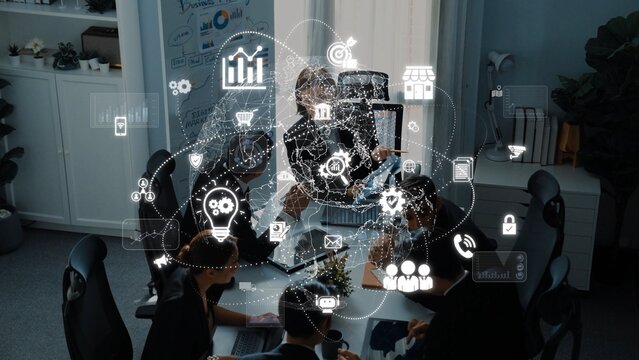 A modern office scene featuring a team engaged in a meeting, complemented by digital technology graphics that illustrate data trends and collaborative strategies. Raster