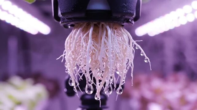 Macro View of Healthy Plant Roots Absorbing Nutrient Mist in Aeroponic System