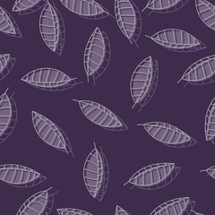 Lavender Linear Leaf Seamless Pattern on Dark Purple Background