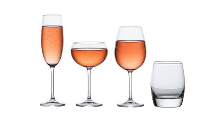 four crystal glasses, three with effervescent sparkling rosé, sitting on a glossy white reflective surface with dramatic rim lighting and condensation, concept for luxury beverage advertising