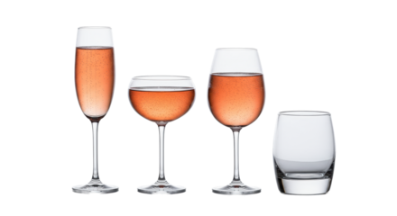 four crystal glasses, three with effervescent sparkling rosé, sitting on a glossy white reflective surface with dramatic rim lighting and condensation, concept for luxury beverage advertising