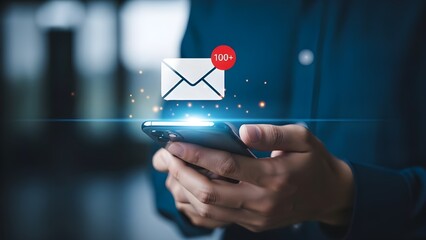 Man checks email on smartphone with new message notification digital communication and technology concept