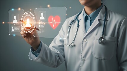 Doctor using futuristic interface to analyze patient data and medical records for personalized healthcare