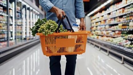 Man holding a basket of fresh produce in a supermarket aisle