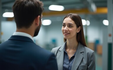 Female business professional listening to male colleague in factory. High quality