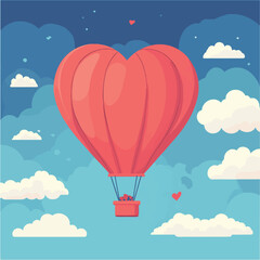 Fototapeta premium Heart-shaped hot air balloon in flat design vector for romance - Suitable for valentine's day banners, playful design, or sky travel concepts. , vector style simple color