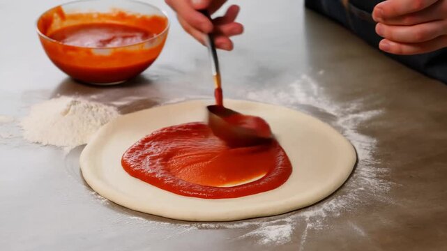 Chef ladling rich tomato sauce onto fresh pizza dough pizza preparation unfolding with smooth strokes and vibrant red hues, ideal for cooking shows pizza boosting viewer hunger in food content
