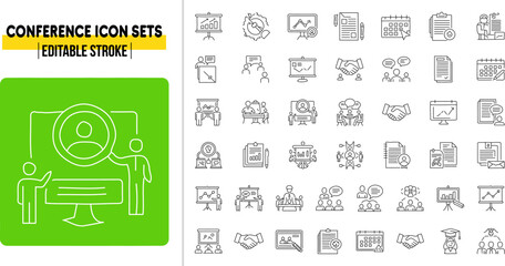 Futuristic Conference thin linear vector illustration icons set with editable stroke, featuring meeting, group, delegation, call group, report, video conference, speach, webinar, speaker thin line art