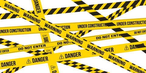 Crime scene tape. Crossed yellow and black caution stripes. Danger area or crime scene zone stripes background. Warning tape sets must be careful for construction and crime. vector illustration sets.
