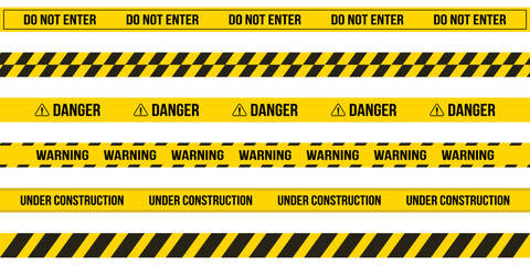 Hazardous warning tape sets must be careful for construction and crime. Yellow caution, do not enter, under construction, danger, warning tape caution sign. Black and yellow line. Seamless barrier. 