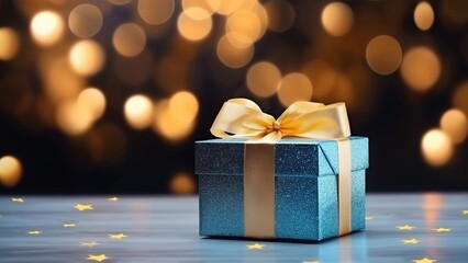 Blue gift box with gold ribbon on bokeh background for Christmas and New Year celebration