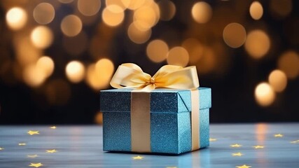 Blue gift box with gold ribbon on bokeh background for Christmas and New Year celebration - Powered by Adobe
